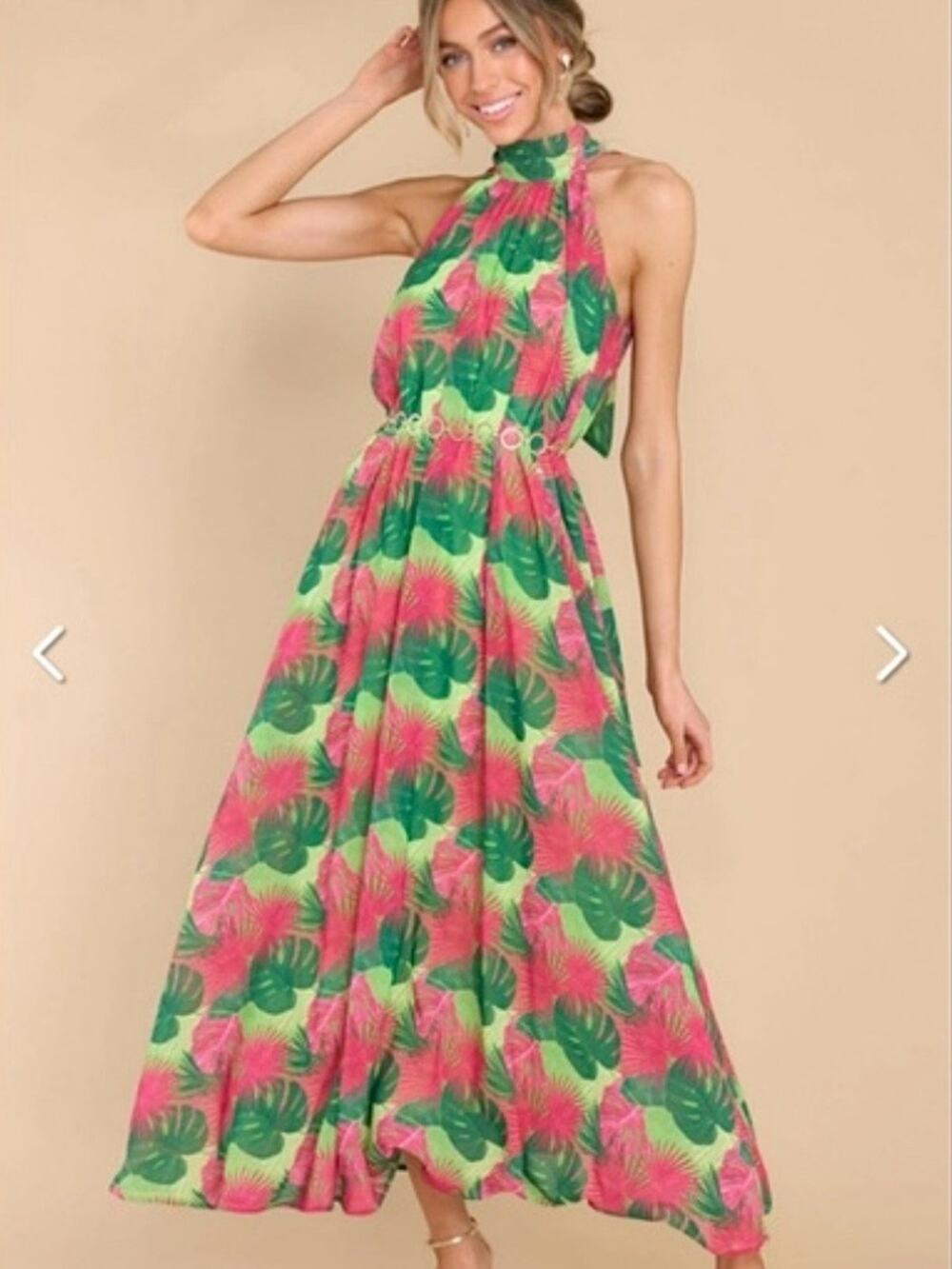 Palms Away Vacation Resortwear, Tropical Maxi Dress in Floral Leaf Print, Size M